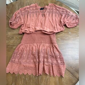 Ulla Johnson rose pink lace eyelet ruched bohemian puff sleeve v neck mini dress